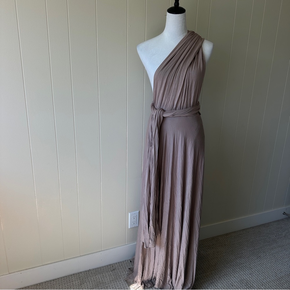 Lulu's One-Shoulder Taupe Convertible Maxi Dress
